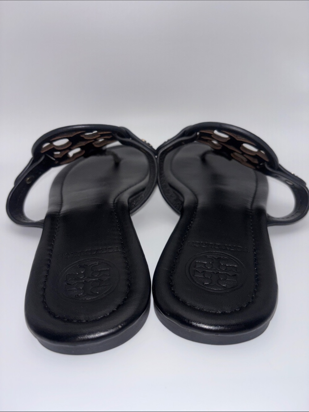 Tory Burch Miller Black Leather Logo Thong Sandals with Gold Accents - Picture 7 of 10
